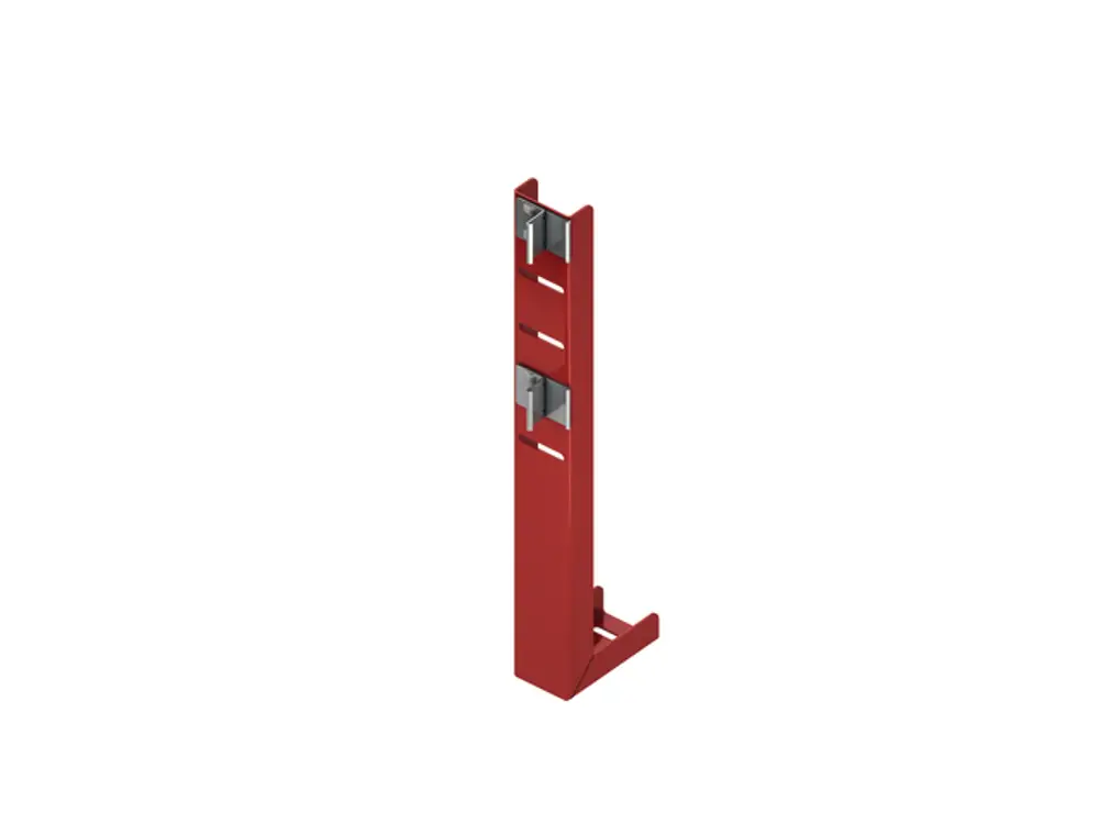 Roter Stützfuß mit Schlitzöffnung, designed für freistehende Wände, deutlich erkennbar im TECEprofil-System, ideal zur Stabilisierung von Konstruktionen.